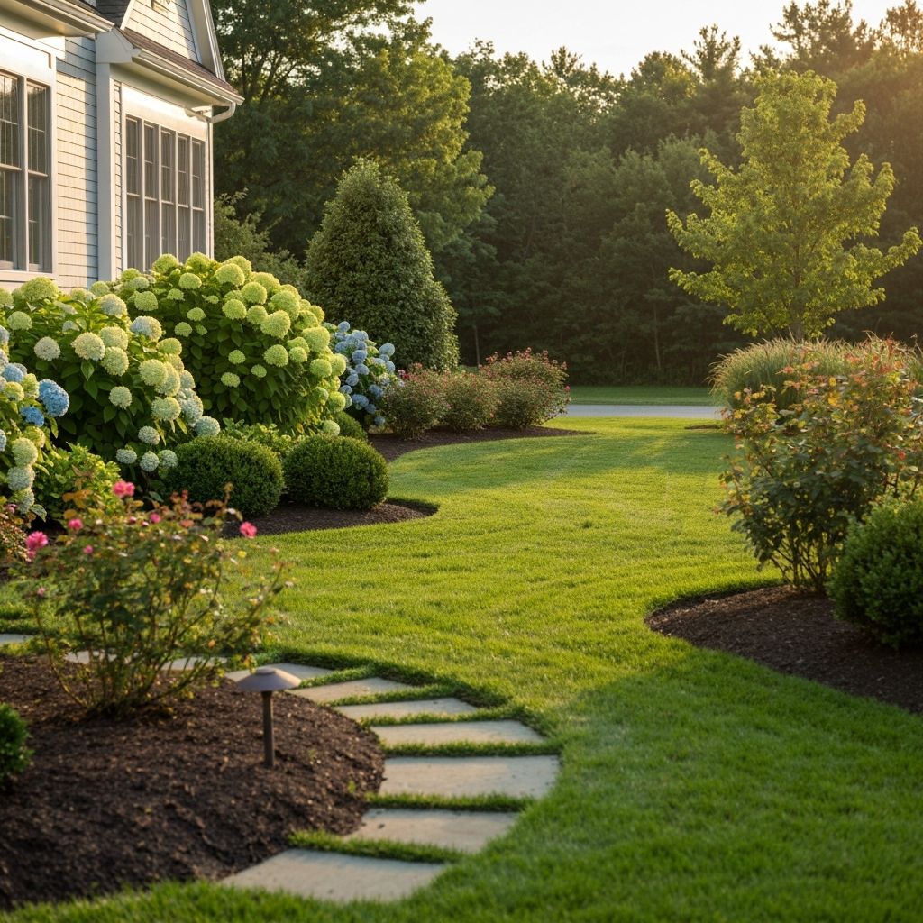 Beautifully landscaped Worcester, MA home with lush green lawn and stone walkway
